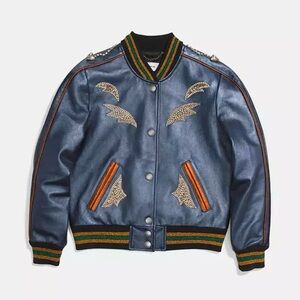 COACH Leather Womens Varsity Bomber Jacket Metallic Jeweled Burgundy Blue Gold 8
